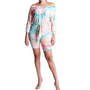 Women's Casual Tie dye Mask & Off The Shoulder 3/4 Sleeve Romper Set